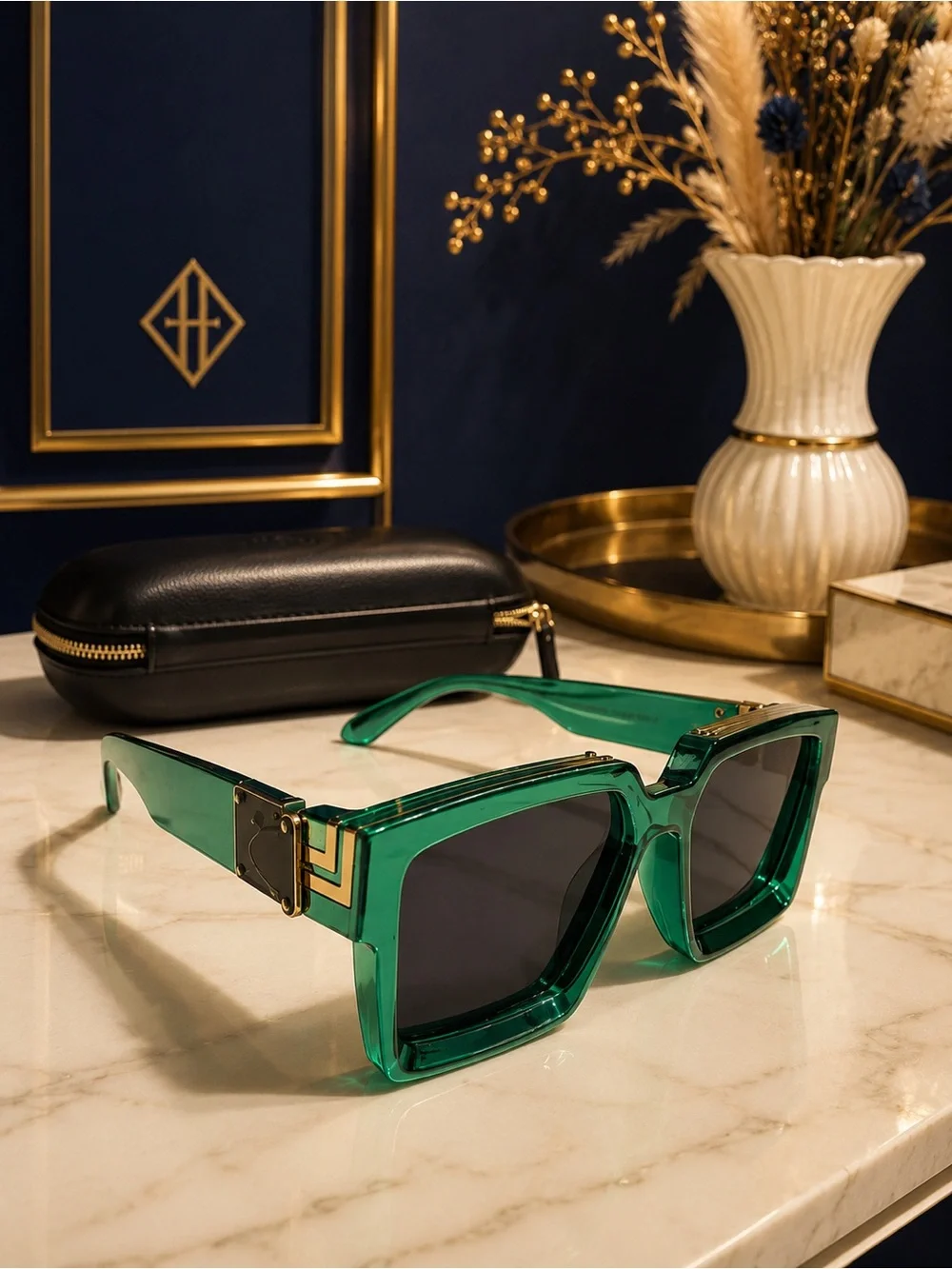 Unisex Emerald Green Square Sunglasses with Gold-Tone Detail